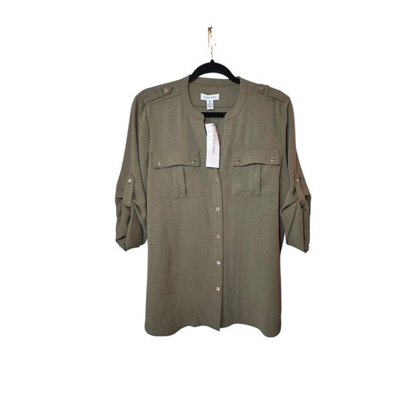 Calvin Klein Tops - Calvin Klein Olive Green Utility Button-Up Shirt with Silver Buttons M NWT